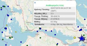 Ασθενής σεισμική δόνηση 3,3R βορειοανατολικά της Ναυπάκτου