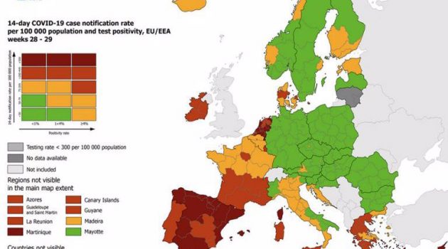 Χάρτης ECDC: «Κόκκινη» η χώρα – Ποιες περιοχές παραμένουν στο «πορτοκαλί»