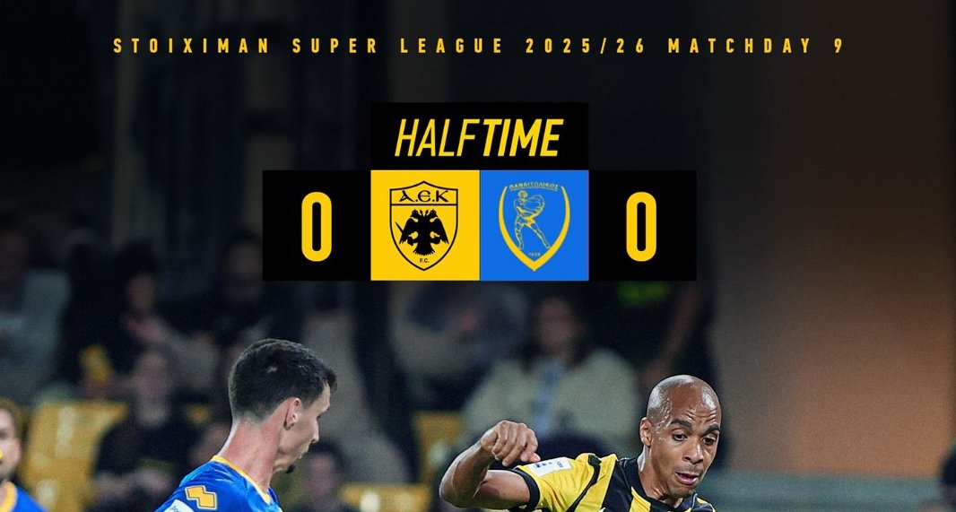 Τέλος 1ου Ημιχρόνου για την 9η Αγωνιστική της SL1 - Α.Ε.Κ. και Παναιτωλικός στο μηδέν - μηδέν μετά τα πρώτα 45 λεπτά λεπτά με τους Αγρινιώτες να έχουν μία καλή στιγμή.